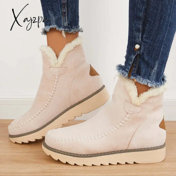 Xajzpa - Classic Non-Slip Ankle Snow Booties Warm Fur Lining Boots Beige / 5